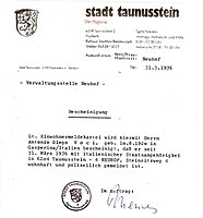 In 1976, the metamorphous of Diego for his middle name was completed by Diego on at least one official document when he registered residence in Taunusstein (by Wiesbaden) at the time he and Helga purchased their first and last home and studio. The name is "Antonio Diego Voci", finally official recognition of Diego on a government document