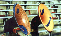 Painted bells of sousaphones from the Virginia Pep Band