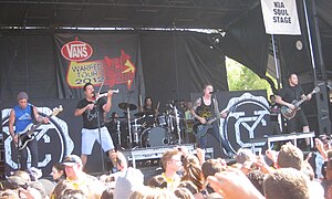 Left to right: Portman, Makin, Parsons, Key, and Mendez performing on Warped Tour 2012