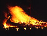 7 – The Burning Galley. Once the galley has burned and the flames die down, guizers sing the traditional song "The Norseman's Home" before going on to a night of partying begins. Any available large room is pressed into service as a hall, presided over by a hostess who issues invitations to attend, and every guizer squad visits every hall in turn to dance and drink with the guests. As there can be dozens of squads and dozens of halls, this takes most of the night and well into the following morning. The day after is the "Hop Night" where further dances and celebrations are held.