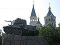 Victory Square with tank monument and Cathedral in Zhytomyr.