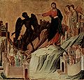 The Italian painter Duccio di Buoninsegna showed Christ expelling the Devil, shown covered with bristly black hair (1308–11).