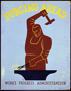 Poster for Works Progress Administration encouraging laborers to work for America.