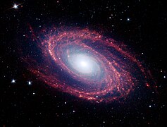 Imagen de la Galaxia de Bode (M81) por el Telescopio Espacial Spitzer, en la que se puede observar polvo interestelar siguiendo aproximadamente una espiral logarítmica.