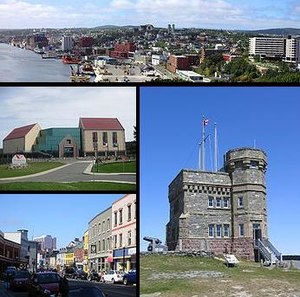 From top left: St. John's Skyline, The Rooms, Water Street, Cabot Tower