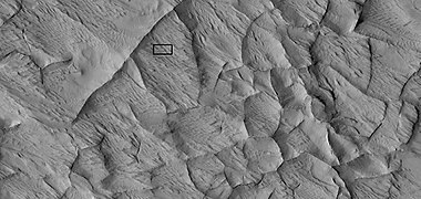 Close view of ridge network, as seen by HiRISE under HiWish program. Box shows size of football field.