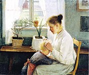 Mother's Care, 1891, the subject of a mother looking for head lice in her child's hair was disturbing to an art critic of Päivälehti[5]