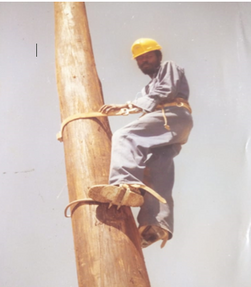 A man climbing a power line post