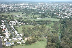 Parts of Kalinga Park (foreground), Shaw Park and Mercer Park (background) looking west from Clayfield