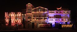 A house decorated with lights in Karnal during Diwali