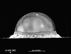 The Trinity explosion, 25 ms after detonation. The viewed fireball hemisphere's highest point in this image is about 200 metres (660 ft) high.