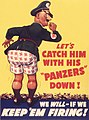 A World War II propaganda poster with the text "Let's catch him with his Panzers down!"