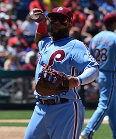 Carlos Santana wearing the Phillies' powder blue alternate throwback uniform