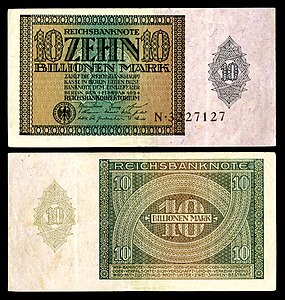 Ten-trillion Mark at German Papiermark, by the Reichsbankdirektorium Berlin