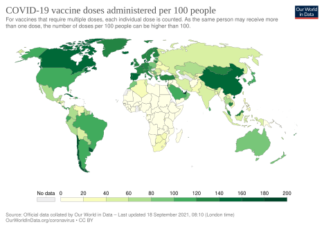 COVID-19 vaccine doses administered per 100 people by country. Date is at the bottom of the map. Commons source.