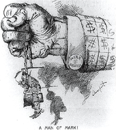 A political cartoon. A closed fist protrudes from a jacket-sleeve covered in dollar signs; a cuff-link is marked “MARK $ HANNA”. The hand tightly grasps a chain from which hangs a tiny, sorry-looking figure marked “McKinley”. “A Man of Mark!” concludes the cartoon’s caption.