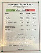 The 2023 menu at Vincent's Pizza Park