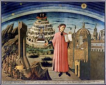 A man in red holds a book and indicates a muti-layered Hell behind him.