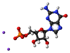 Ball-and-stick model of the component ions of disodium guanylate