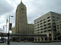 Fisher Building, New Center One and Walkway from Cadillac Place