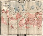 Остатки Гипербореи (синие очертания на севере) и Лемурии (красные) на фоне современных континентов (серые линии). Из книги Уильяма Скотт-Эллиота «Лемурия — исчезнувший континент»