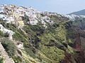 The rugged coastline of the volcanic holiday island of Santorini.