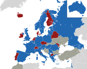 A coloured map of the countries of Europe