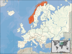 Location of Norway (orange) in Europe (white)