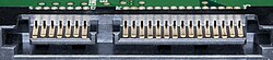 SATA connector on a 3.5-inch hard drive, with data pins on the left, and power pins on the right. The two different pin lengths ensure a specific mating order; the longer lengths are ground pins and make contact first.