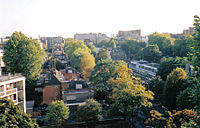 Bayswater desde el tejado de un bloque en Hallfield Estate, mirando hacia el sur, a los jardines de Kensington.