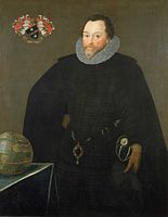 The pendant hanging from Drake's belt, painting by Marcus Gheeraerts the Younger, dated 1591