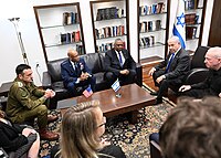 Gallant with Prime Minister Netanyahu, US Secretary of Defense Lloyd Austin, US military chief CQ Brown and IDF Chief Herzi Halevi in Tel Aviv, 18 December 2023