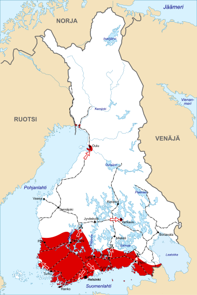 A map illustrating the frontlines and initial offensives of both sides at the beginning of the war. The Whites control most of Central and Northern Finland excluding minor Red enclaves; the Whites assault these enclaves. The Reds control Southern Finland and commence attacks along the main frontline.