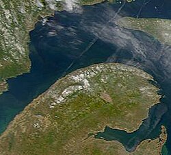 NASA satellite image of the Gaspé Peninsula. Part of Anticosti Island appears to the northeast.