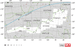 Diagram showing star positions and boundaries of the Hydra constellation and its surroundings