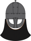 Drawing of the Yarm helmet (ca. 900–1000) featuring a hypothetical enclosed aventail not connected to the visor