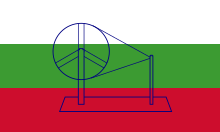 A tricolour flag of white, green and red with a spinning wheel in the centre