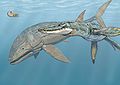 Liopleurodon ferox (right) harassing Leedsichthys problematicus during the Jurassic.