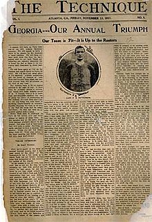 A newspaper front page with the headline, "Georgia--Our Annual Triumph", an image of a football player, and four columns of text