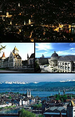 Top: Night view of Zurich from Uetliberg, Middle left: National Museum, Middle right: Swiss Federal Institute of Technology, Bottom: View over Zurich and the lake.