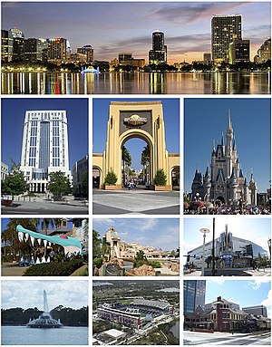 Top row: Downtown Orlando; 2nd row: Orange County Courthouse, Universal Studios Florida, Cinderella Castle at Walt Disney World; 3rd row: Gatorland, SeaWorld Orlando, Amway Center; 4th row: Linton E. Allen Memorial Fountain, Camping World Stadium, Church Street Station