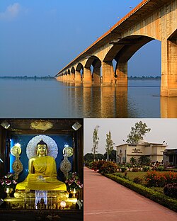 From Top-left in clockwise direction: Gandhi museum in Patna ,Mahatma Gandhi Setu , a statue of Lord Buddha in Bodh Gaya and Vikramshila museum