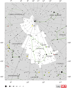 Diagram showing star positions and boundaries of the Cepheus constellation and its surroundings