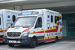 A standard Mercedes-Benz Sprinter ambulance belonging to the Hong Kong Fire Services Department.