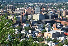 A cityscape of medium-height high-rises and some older buildings amid trees, seen from above through some leaves and branches