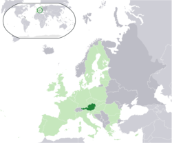 Location of Austria (dark green) – in Europe (light green & dark grey) – in the European Union (light green)  –  [Legend]