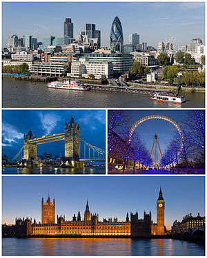 From upper left: City of London, Tower Bridge and London Eye, Houses of Parliament