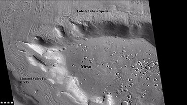 Wide CTX view of mesa showing lobate debris apron (LDA) and lineated valley fill. Both are believed to be debris-covered glaciers. Location is Ismenius Lacus quadrangle.