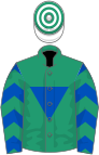 Green, royal blue inverted triangle, royal blue and green chevrons on sleeves, white and green hooped cap