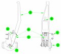 The Capture Latch is a rotating four-bar linkage. Attached to the chassis (1), an actuator (not shown) applies torque to the drive axle (2), rotating the drive arm (3). The arm pushes the "dogleg assembly" (4) around, which torques the outer clevis of the Capture Arm (5). The Capture Arm rotates about the end of the Follower linkage (6), the other end of which rotates about the axle. When deployed, the latch trips a switch (not shown). When fully closed it is locked by a hook (7) passing through the hole (8) in the Capture Arm.[6][115]